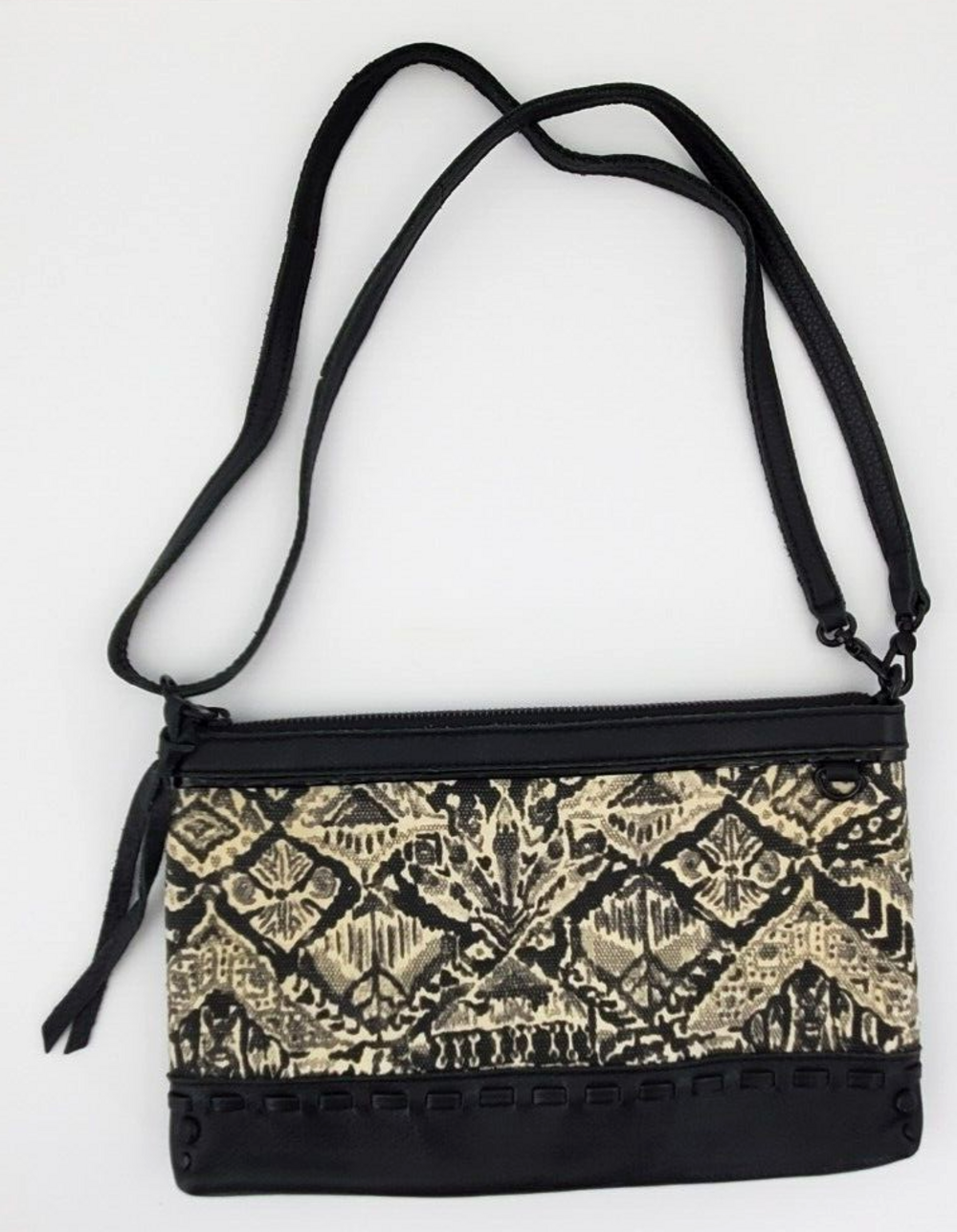 The Sak AC Gypset Demi Clutch Leather/Canvas Black/Gray/Ivory Crossbody Bag Used
